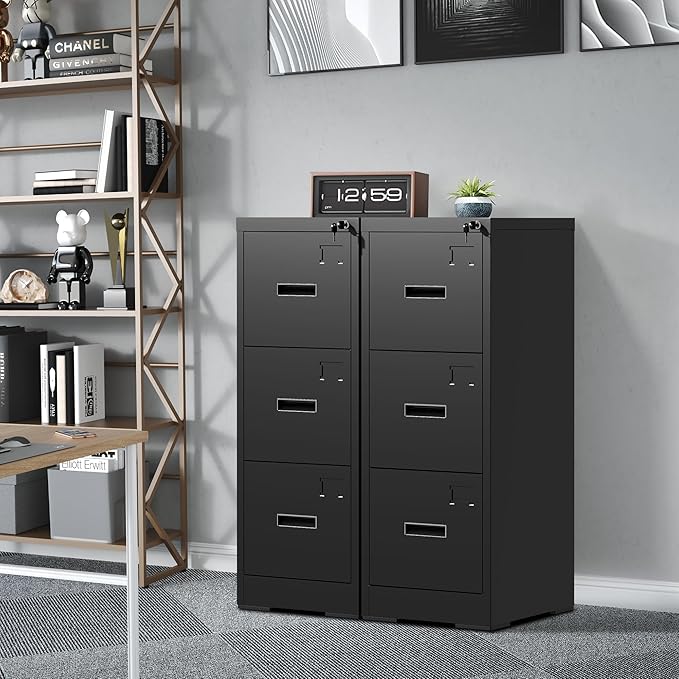 3 Drawer Filing Cabinet with Lock and Card Slot, Locking Vertical File Cabinet for Home Office, Small Metal File Cabinets for Hanging Legal Letter File Folders, Assembly Required(Black)