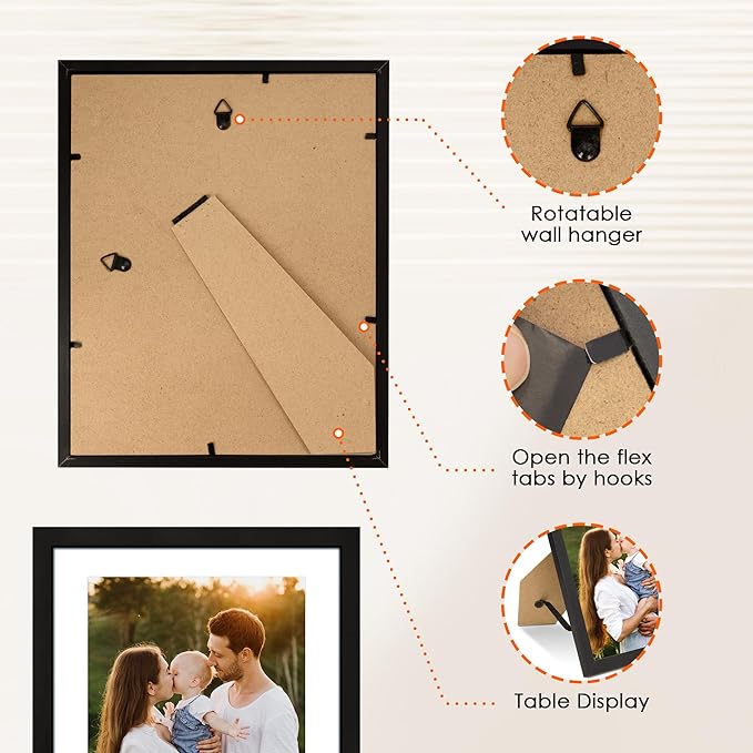 FIXSMITH 8x10 Picture Frame Set of 10, Photo Frame Bulk with HD Plexiglass, Display Pictures 5x7 with Mat or 8x10 Without Mat Multi Picture Frames Collage for Tabletop or Wall Display, Black