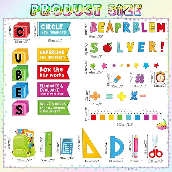 Pajean Math Bulletin Board Mathematics Cubes Classroom Decoration Be a Problem Solver Colorful Cutout for Back to School First Day Window Door Wall Elementary Preschool Teacher Supplies
