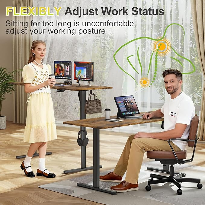 Furmax Electric Standing Desk, 63 x 24 Inches Sit Stand up Desk, Sit Stand Height Adjustable Home Office Desk with 4 Height Position Memory - with Splice Board (Rustic Brown, 63)