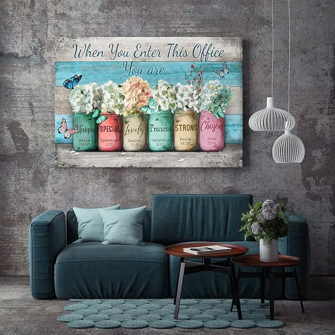 Inspirational Wall Art for Office Canvas Print Wall Decor, When You Enter This Office Painting, Marson Jars With Butterflies Picture Framed Modern Artwork for Office Home Decor 16x24 In