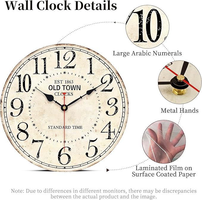 14 Inch Retro Round Wall Clock Old Town Vintage Antique Style Battery Operated French Country Silent Wall Clocks for Farmhouse,Garden,Home Kitchen,Bedroom,Office