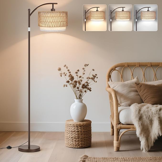 ROTTOGOON Arc Floor Lamps for Living Room, Boho Farmhouse Floor Lamp with Remote & Dimmable Bulb, Standing Lamp with Rattan & Fabric Shades, Adjustable Tall Lamp for Bedroom Office-Brown