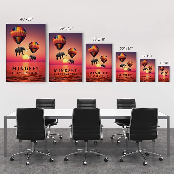 Smile Art Design Mindset is Everything Elephant with Balloon Sunset View Motivational Wall Art Canvas Print Inspirational Entrepreneur Quote Modern Office Decor Artwork Gift Ready to Hang 36x24