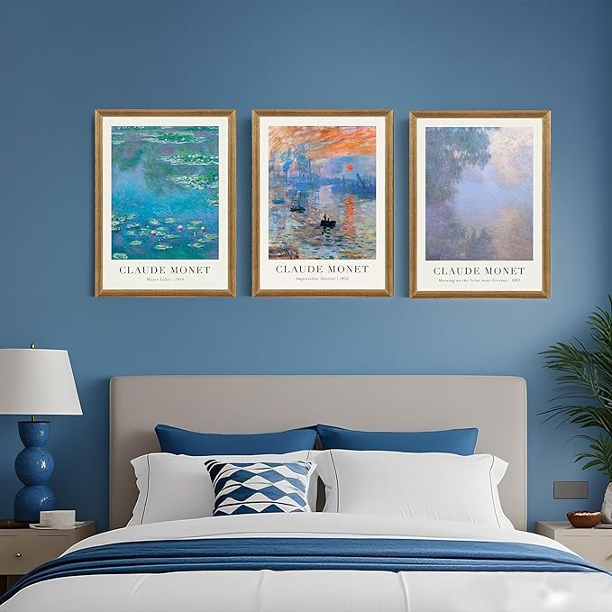 SYWENNOI Monet Impressionism Canvas Wall Art Set of 3, Classic Claude Monet Pieces Wall Decor, Water Lilies Sunrise and art Seine Landscape Art Prints for Living Room Bedroom Office 12x16 Wood Frames