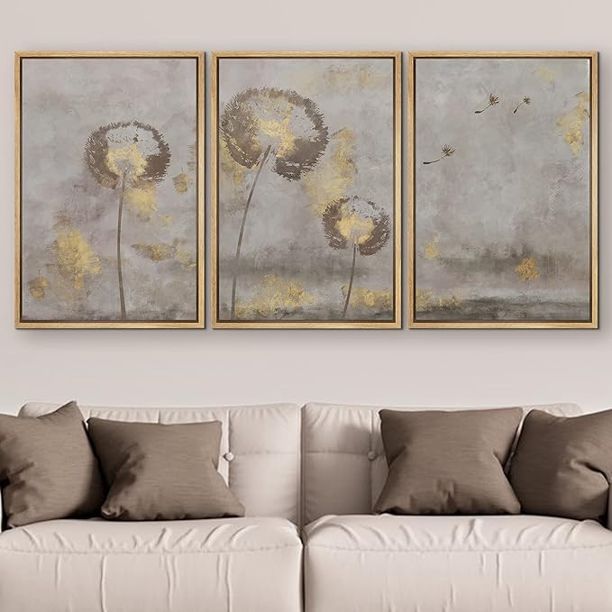 SIGNFORD Framed Canvas Print Wall Art Set Pastel Grunge Country Flower Field Abstract Shapes Illustration Modern Art Decorative Nordic Minimal Zen for Living Room, Bedroom, Office - 16"x24"x3 Natural