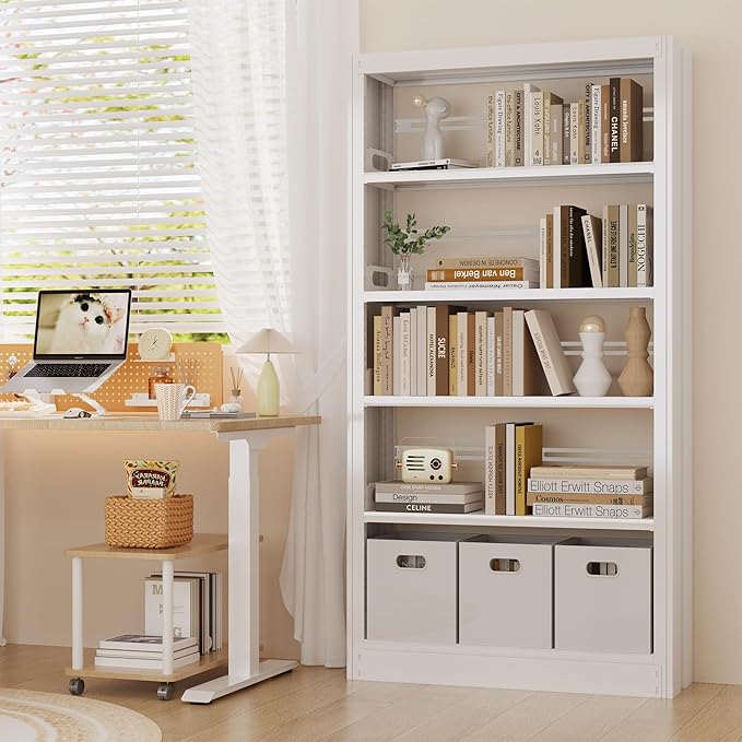 5-Tier Metal White Bookshelf, 71" Tall Library Bookshelf, White Bookshelf with Adjustable Storage Shelves, Modern Bookcase for Living Room, Library, Office, or Bedroom, Includes Book Stoppers (White)