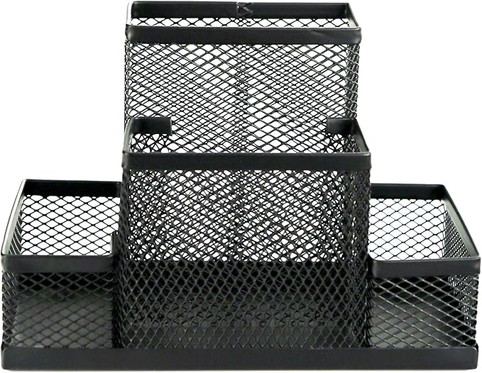 Huron Pen Holder and Desk Organizer Caddy, 4 Compartment Storage for Pencils Pens Sticky Notes Office Desk Accessories for Home Office,Black Steel Mesh (1/4/24/96) (1 pc)