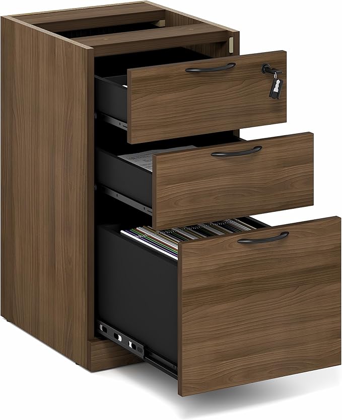 Furinno Roger File Cabinet, 3-Drawer Fixed Pedestal Filing Cabinet with Lock, Soft-Close Drawers with Drawer Organizer, for Home Office, Modern Walnut