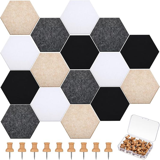 16 Pcs Hexagon Cork Board for Walls with 50 Wooden Push Pins 6.7 x 5.9 in Felt DIY Tiles Notice with Nano Tape Hanging Bulletin Board for Home Photo Office Memo Note(Classic Colors)