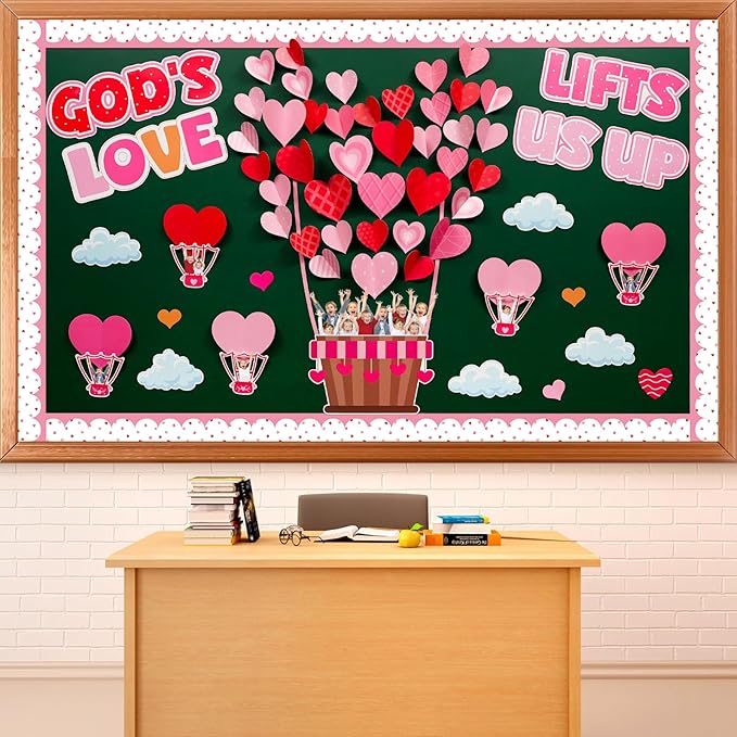 Valentine's Day Bulletin Board Set Hot Air Balloon Bulletin Board Classroom Decoration Valentines 3D Heart Cloud Religious DIY Photo Cutouts for School Classroom Chalkboard Wall Door Decor