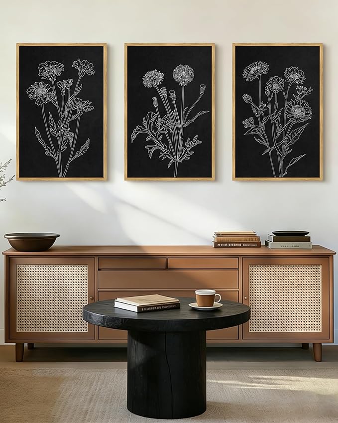 Drsoum Black White Flower Wall Art Vintage Minimalist Floral Wall Hanging Decor Bohemain Botanical Prints Artwork for Bedroom Living Room Hallway 24x36in Natural Framed