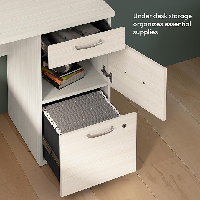 Bestar Logan 66W U or L-Shaped Executive Office Desk with Pedestal and Hutch in White Chocolate