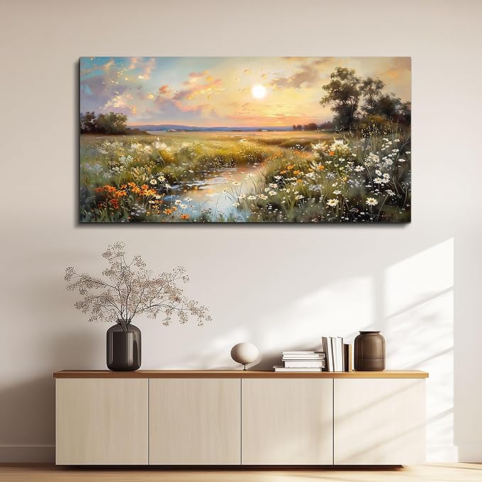 hyidecorart Vintage Farmhouse Wildflower Wall Paintings Canvas Wall Art for Living Room Wall Decor for Bedroom Office Decorations Nature Landscape Picture Artwork Aesthetic Home Decor Ready To Hang