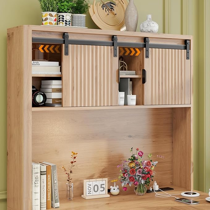 68" L Shaped Fluted Desk with Hutch,Office Table with 3 Drawers and Sliding Doors, Executive Desk with File Drawers and Charging Station,Light Strips, Wood Workstation for Home Office,Oak