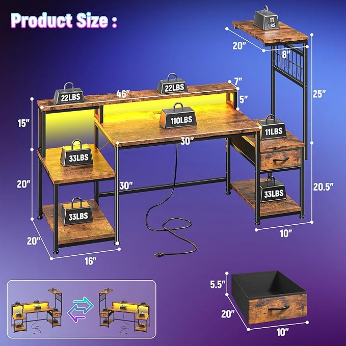 55" Gaming Desk with LED Lights & Outlets,Computer Desk with Drawers & Monitor Stand,Gaming Table with Storage Shelves & Printer Space for Game Room,Study Room,Home Office,Rustic Brown