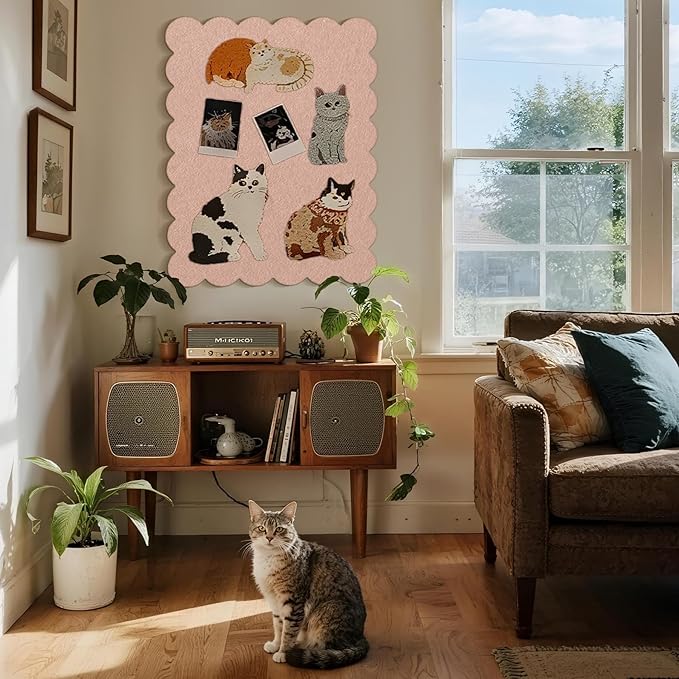 Scalloped Bulletin Board, 36 x 24 Inches Felt Pin Board - Decorative Cork Alternative for Wall, Foldable Picture Self-Adhesive Vision Prayer Board with 20 Pushpins - Mauvey Pink
