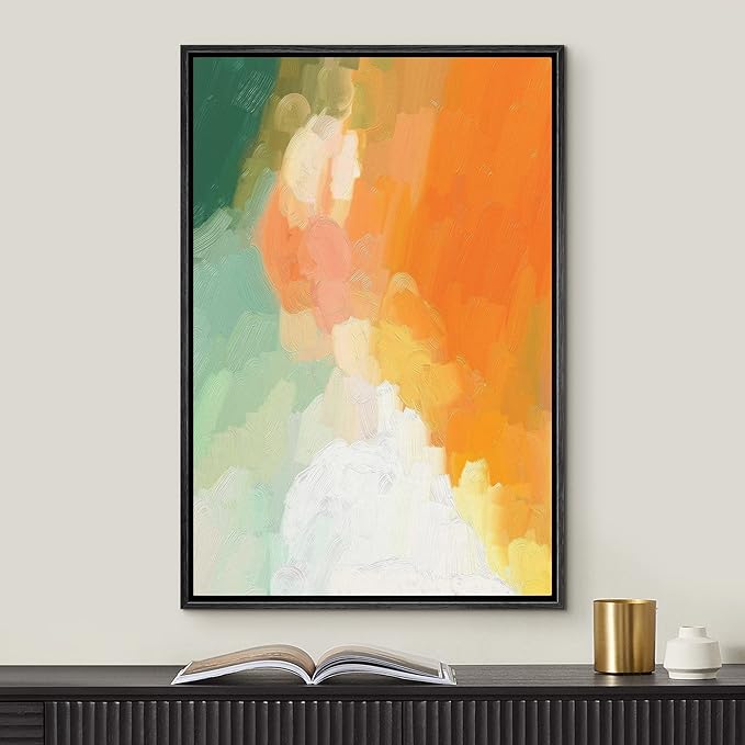 MUDECOR Framed Canvas Print Wall Art Pastel Green, Orange & White Paint Strokes Abstract Shapes Watercolor Modern Art Contemporary Multicolor Ultra for Living Room, Bedroom, Office - 24"x36" Black