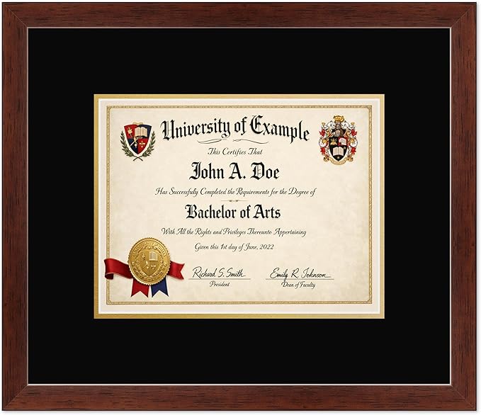 CountryArtHouse Diploma Frame Fits 11 x 8.5 US Letter Certificate - Keepsake Graduation Display Rustic Walnut Genuine Hardwood with Black Over Metallic Gold Double mat