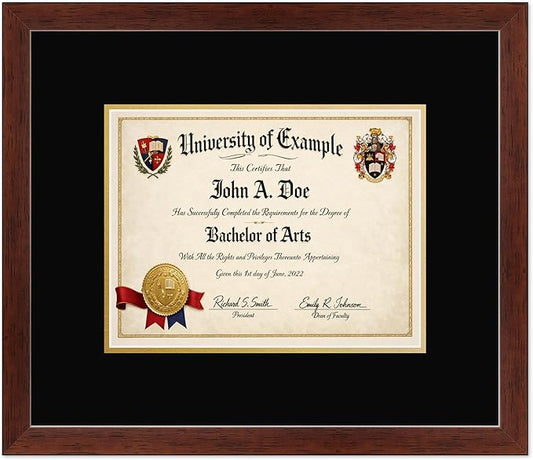 CountryArtHouse Diploma Frame Fits 11 x 8.5 US Letter Certificate - Keepsake Graduation Display Rustic Walnut Genuine Hardwood with Black Over Metallic Gold Double mat