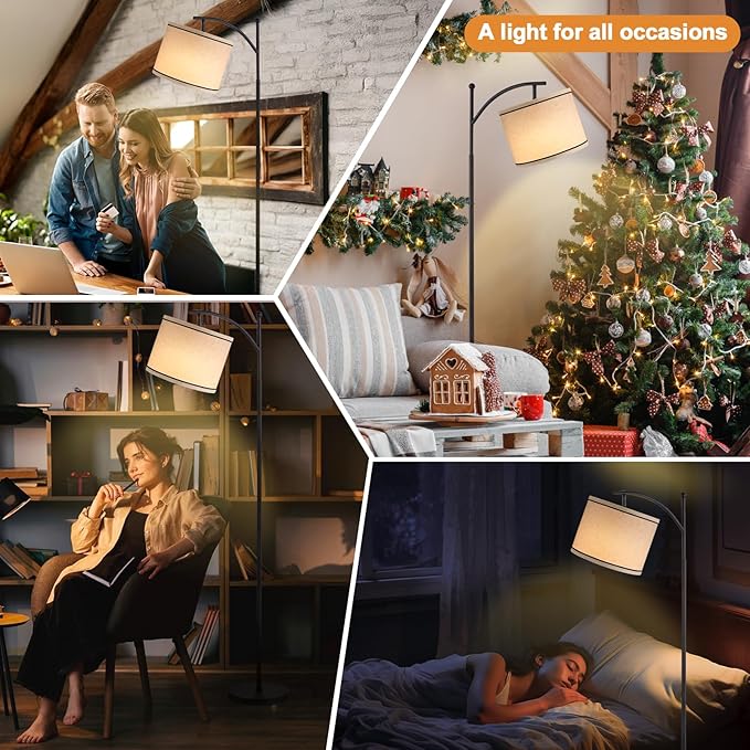 Ambimall 60" Floor Lamps for Living Room with 3 Color Temperatures, Beige Lampshade with Black Stripes, Tall Lamps for Living Room Bedroom Office, 9W Bulb Included
