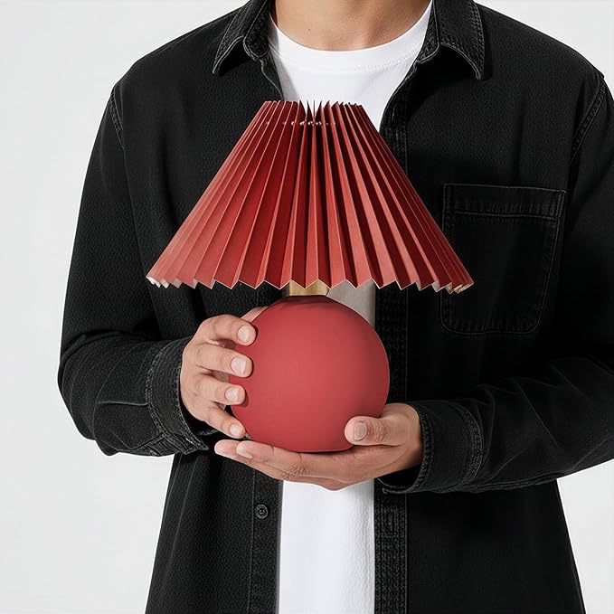 Brightech Serena LED Table Lamp - Small 10" Modern Ceramic Lamp with Pleated Shade for Bedside, Nightstand, Desk - Mini Night Light with Cozy Soft White Light for Living Room, Bedroom - Maroon Red