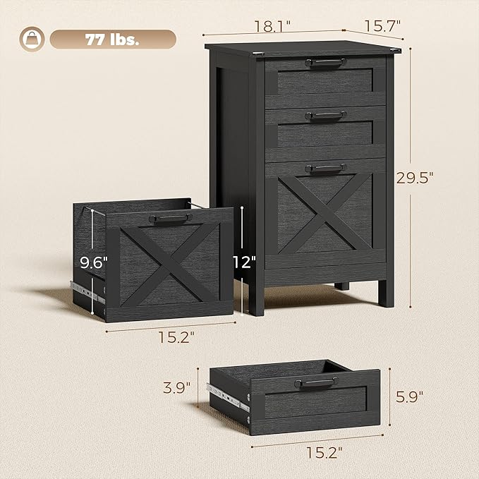 HOMCOM 3 Drawer File Cabinet with Silent Slides, Vertical Filing Cabinet for Hanging A4/Letter Size, Rustic Farmhouse Printer Stand with Storage for Home Office, Distressed Black