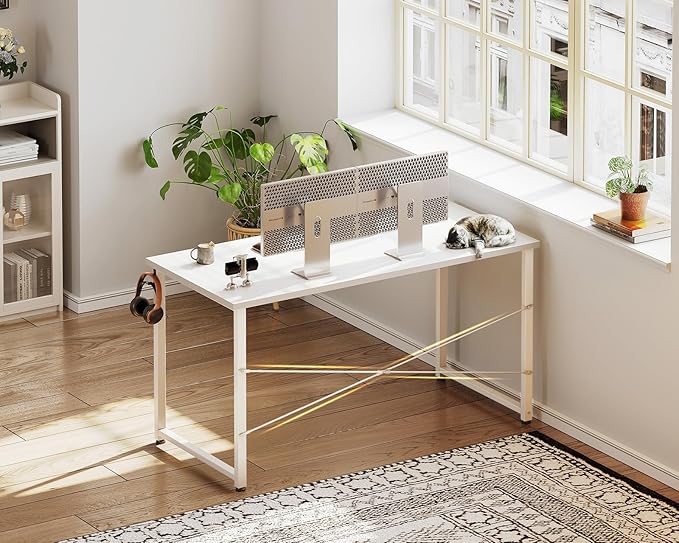 Casaottima 48 Inch Small Computer Desk for Home Office, Study Writing Table for Small Spaces, Simple Modern Desk with Headphone Hooks, White