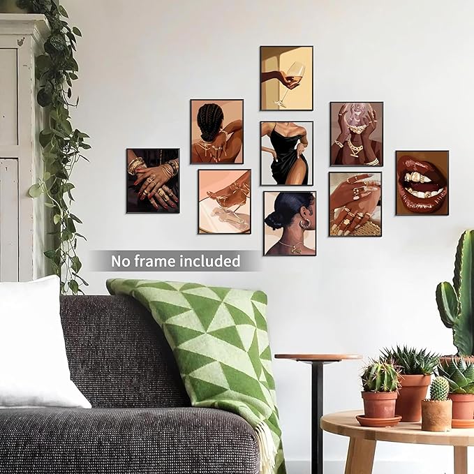 SEHSUVC Black Girl Posters Wall Art Set of 9, Abstract African American Woman Canvas Wall Decor Painting, Trendy Boho Artwork Aesthetics Prints for Living Room Bedroom Home Decor 8x10in Unframed