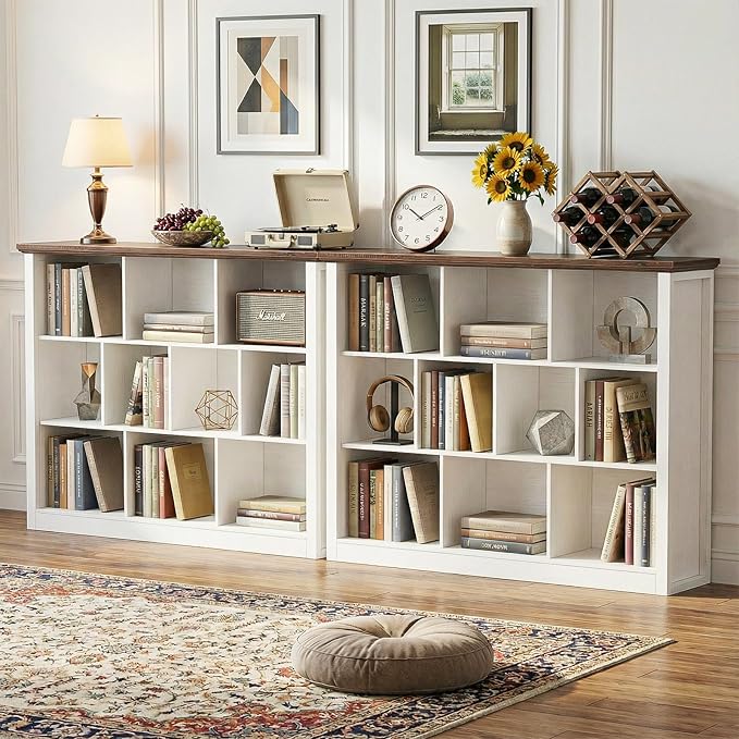 Unikito 10 Cube Storage Book Shelf - 50" Wide Wood Cube Storage Organizer, Wooden 3 Tiers Floor Standing Low Bookcase for Living Room, Bedroom, Home Office, Kids Room