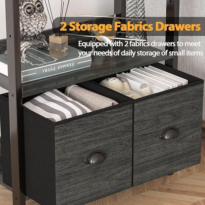 Furologee 5-Tier Bookshelf Set of 2, Tall Bookcase with 2 Drawers and Shelves, Industrial Display Free Standing Shelf Units, Storage Rack Organizer for Bedroom, Living Room, Home Office, Black Oak