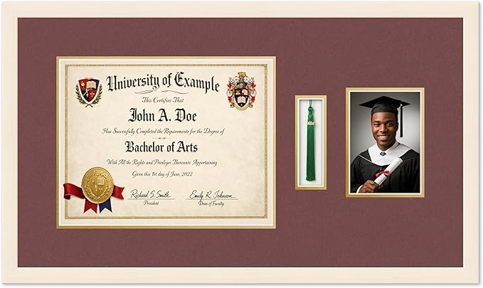 Diploma Tassel and Photo Shadowbox Fits 14 x 11 College Diploma (Modern) with TASS Coastal Whitewash Genuine Hardwood with Dark Red Over Metallic Gold Double mat