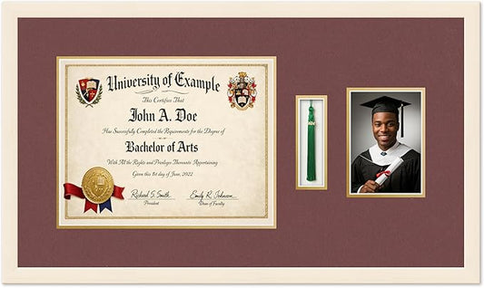 Diploma Tassel and Photo Shadowbox Fits 14 x 11 College Diploma (Modern) with TASS Coastal Whitewash Genuine Hardwood with Dark Red Over Metallic Gold Double mat
