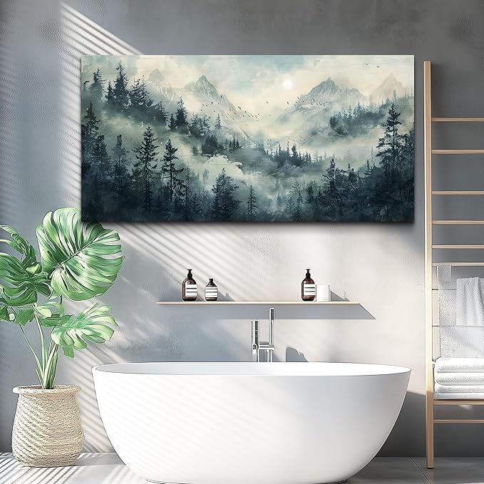 KELIYUAN Modern Large Canvas Print Wall Art Misty Forest Landscape Painting Home Decoration Natural Landscape Artwork Picture Living Room Bedroom Office Wall Decoration Ready To Hang 24x48 Inches