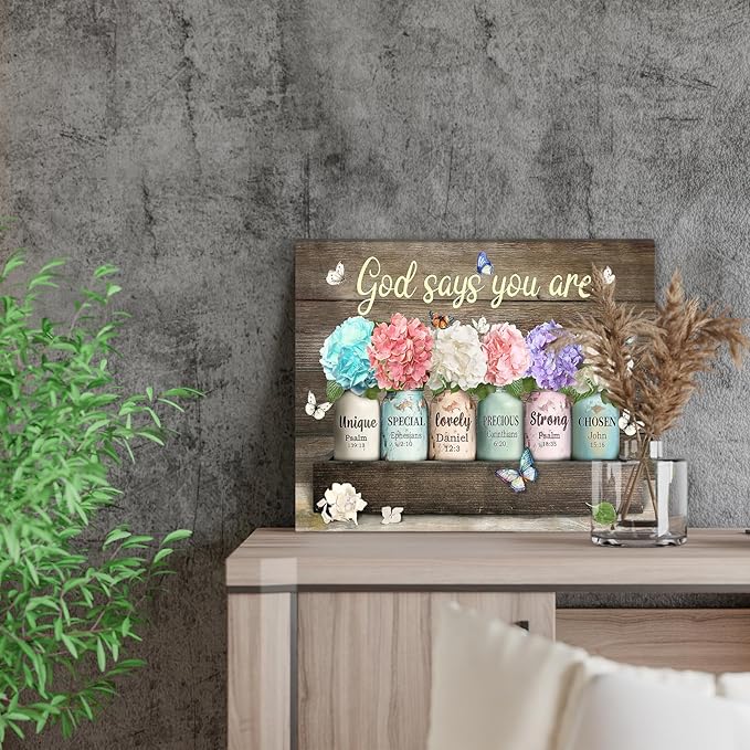 Farmhouse Inspirational Bible Verse Wall Art God Says You Are Motivational Scripture Quotes Wall Decor Rustic Flower Butterfly Canvas Print Framed Artwork for Bathroom Living Room Bedroom 12"x16"