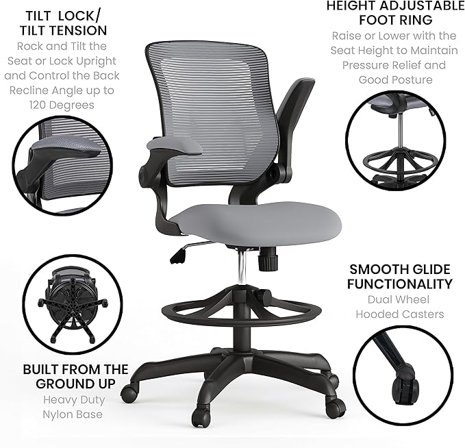 Flash Furniture Kale Mid-Back Swivel Office Chair with Height Adjustable Foot Ring and Lumbar Support, Mesh Executive Chair with Armrests, Dark Gray