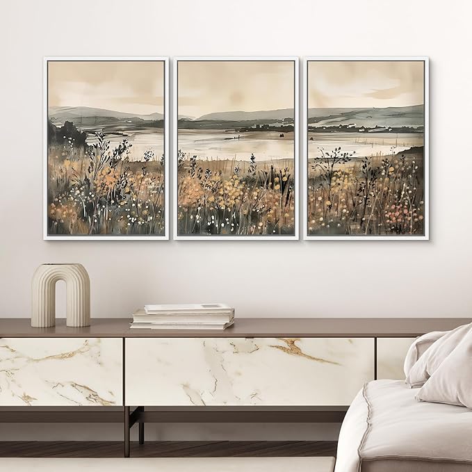 SIGNWIN Framed Canvas Print Wall Art Set Lakeside Meadow Rustic Countryside Watercolor Illustrations Modern Art Decorative for Living Room, Bedroom, Office - 24"x36"x3 White