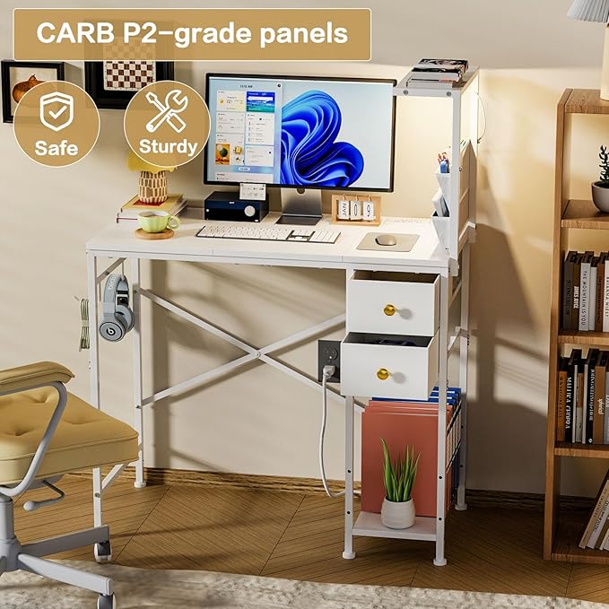 33.7" Computer Desk with Power Outlets, LED Lights & 2 Drawers, Small Office Desk with Storage Bag & Hooks, Gaming Desk for Bedrooms or Home Office, Compact Study Desk for Small Spaces，White