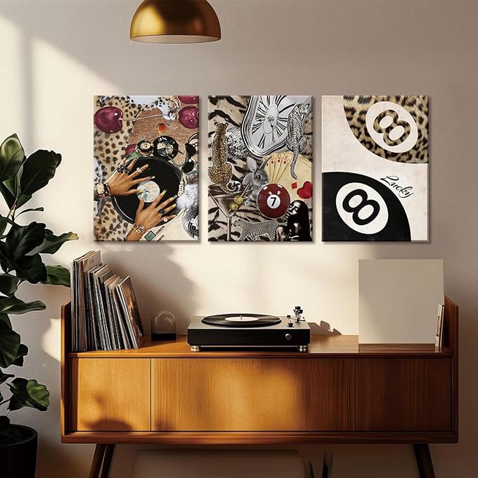 TUEASKY 3 Piece Canvas Wall Art Cheetah Wall Decor Y2K Pictures Vinyl Record Paintings Leopard Prints Lucky 8 Ball Artwork for Bedroom Game Room Bar Party