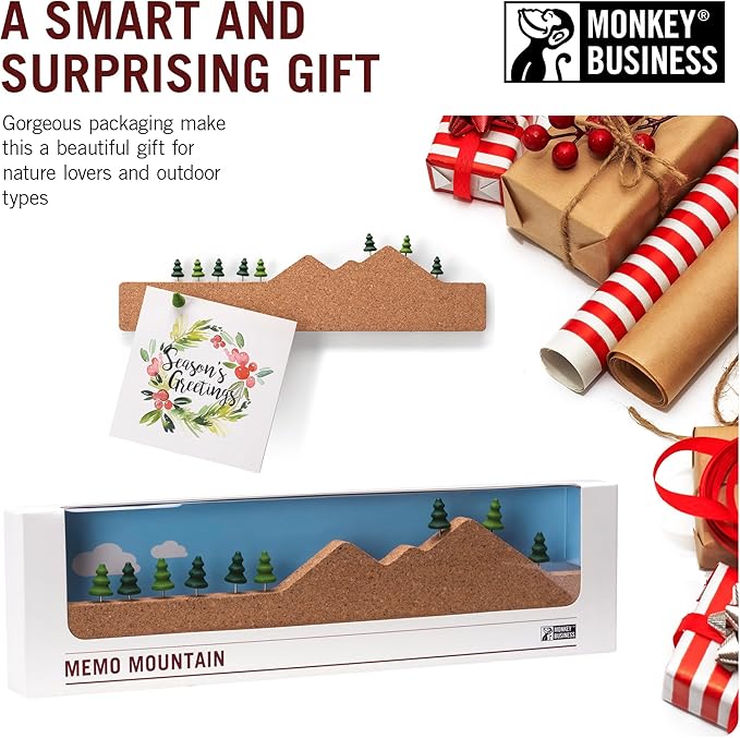Monkey Business Memo Mountain Cork Board Strip - Corkboard Pin Board with Mountain Scene Pushpins, Office Accessories, Cute Cork Boards for Walls