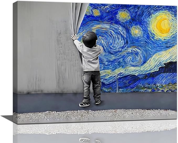 Banksy Wall Art Boys Starry Night Street Graffiti Pictures Wall Decor Kids Canvas Painting Pop Home Modern Artwork Decorations Framed for Living Room Bedroom Bathroom Office 16 x 12 inch
