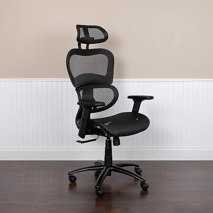 Flash Furniture LO Ergonomic Mesh Office Chair with 2-to-1 Synchro-Tilt, Adjustable Headrest, Lumbar Support, and Adjustable Pivot Arms in Black