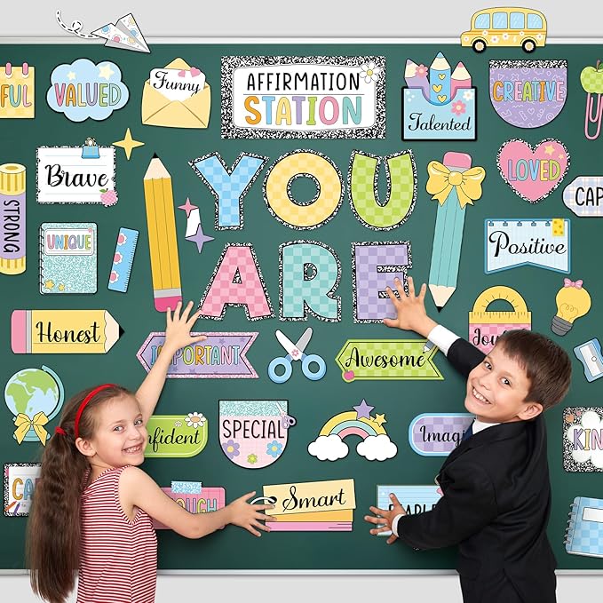 45pcs Colorful Composition Affirmation Station Bulletin Board Set Motivational Posters Classroom Mirror Growth Mindset Decor Positive Affirmations Accents Cutouts for School Office Home Wall