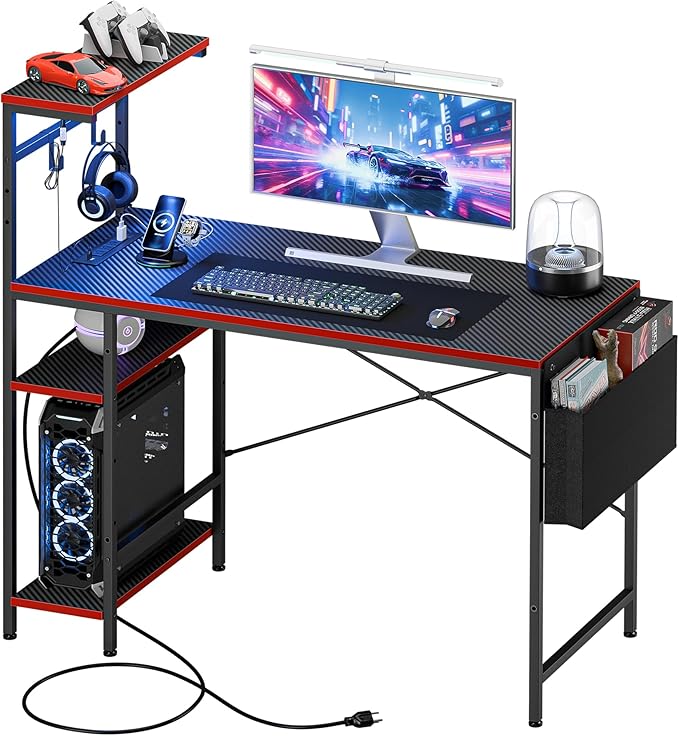 SUPER DEAL 44 Inch PC Gaming Desk with Power Outlet & LED Lights, Height Adjustable Shelf, Durable Steel Frame, Small Desk for Teen Boys & Kids Gaming in Bedroom