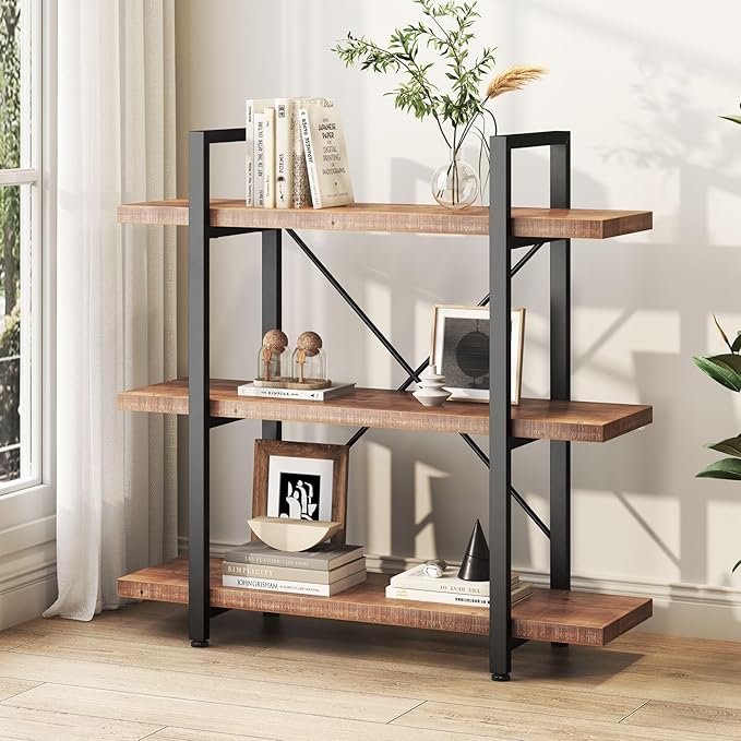 HSH Solid Real Wood Bookshelf, 3 Tier Rustic Vintage Industrial Book Shelf, Small Short Etagere Natural Wooden Bookcase, Open Metal Farmhouse Solid Wood Book Shelf, Distressed Brown