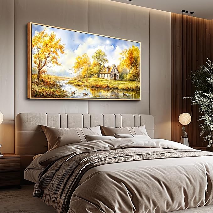 ERQINHUA Large Wall Art For Living Room Canvas Wall Decor For Bedroom Office Dining Room Yellow Pastoral Creek Landscape Painting Prints Pictures Farmhouse Home Wall Decoration 30"x60" Wood Frame