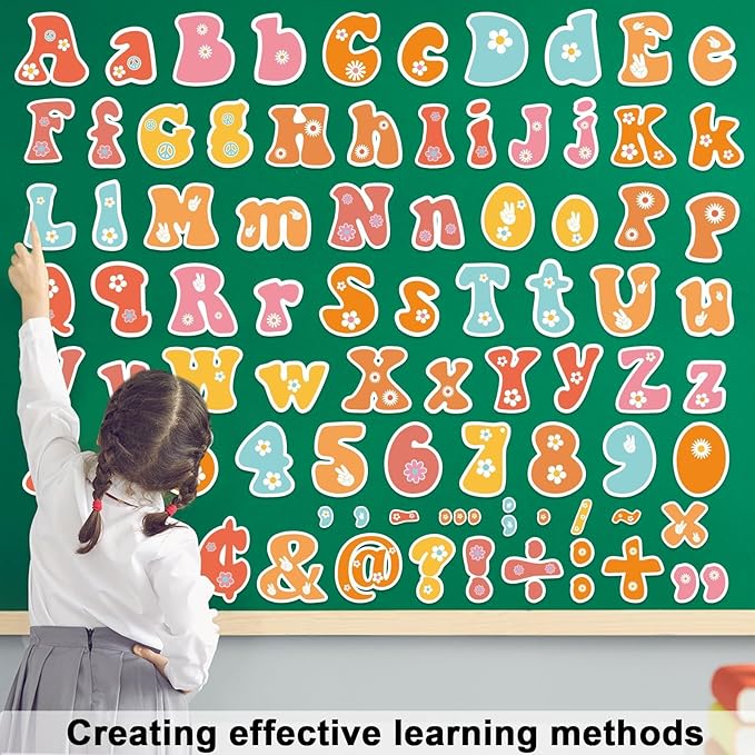 260 PCS Spring Daisy Bulletin Board Letters for Classroom 4” Letters Combo Pack Set Groovy Retro Hippie Classroom Decorations Alphabet Numbers Symbols Letters Bulletin Cutouts Card for Classroom Decor