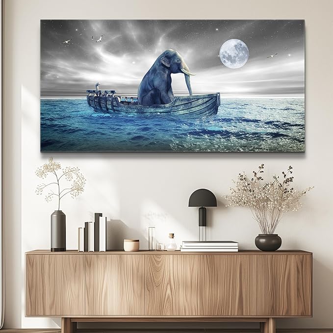 MHARTK66 Abstract Wall Art Large Size Elephant Artwork Wall Decor Stretched Canvas Painting Beach Picture for Living Room Bedroom Office Home Decor Ocean Seascape Poster Ready for Hanging 30"x60"