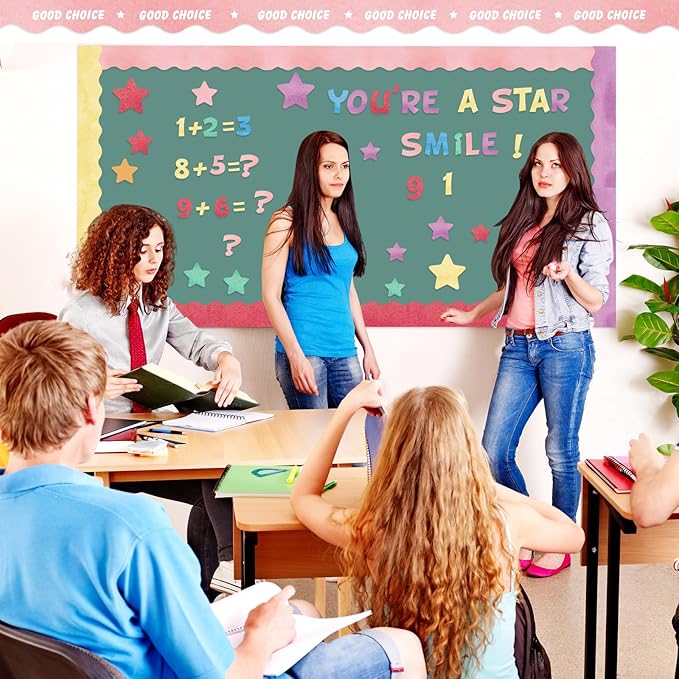 Containlol 188 Pcs Bulletin Board Borders Letters Stars Cutouts Set Include 59ft Poster Board Trims, Alphabet Letter Star Number Punctuation for Classroom(Watercolor)