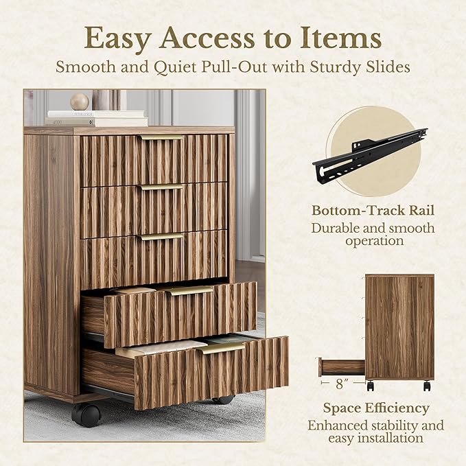 Home Office Furniture Set, Fluted Wooden File Cabinet with Locable Wheels, Filing Cabinet with 5 Drawers for Home Office, Black Walnut